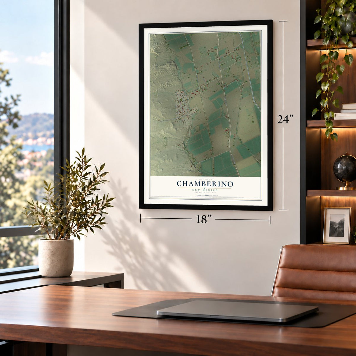 Chamberino, New Mexico map, 18 x 24 inch print in a black frame in a home office