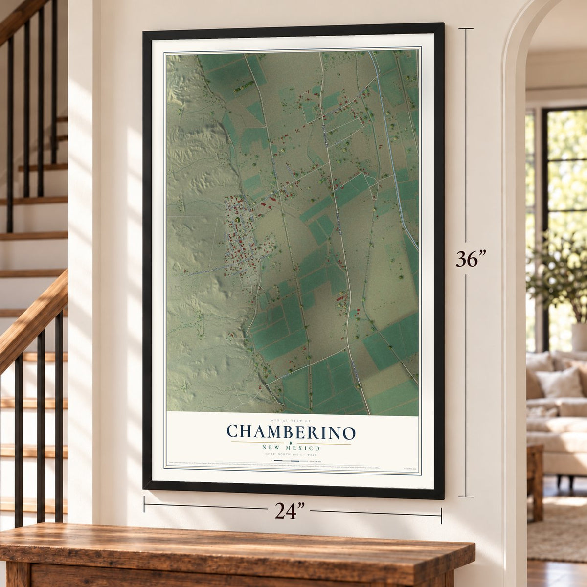 Chamberino, New Mexico map, 24 x 36 inch print in a black frame by a staircase