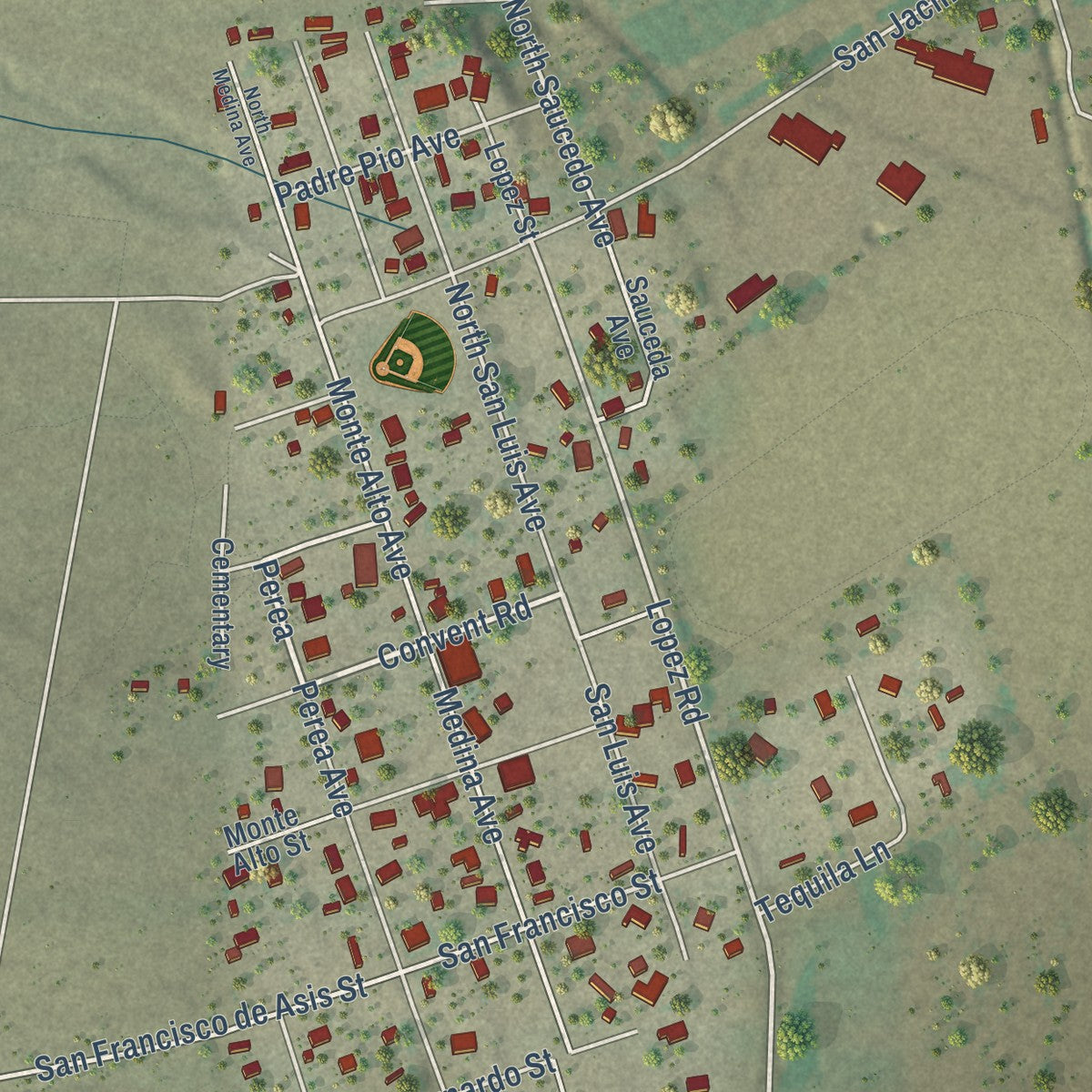 Close-up of the map of Chamberino, New Mexico print showing street and building detail
