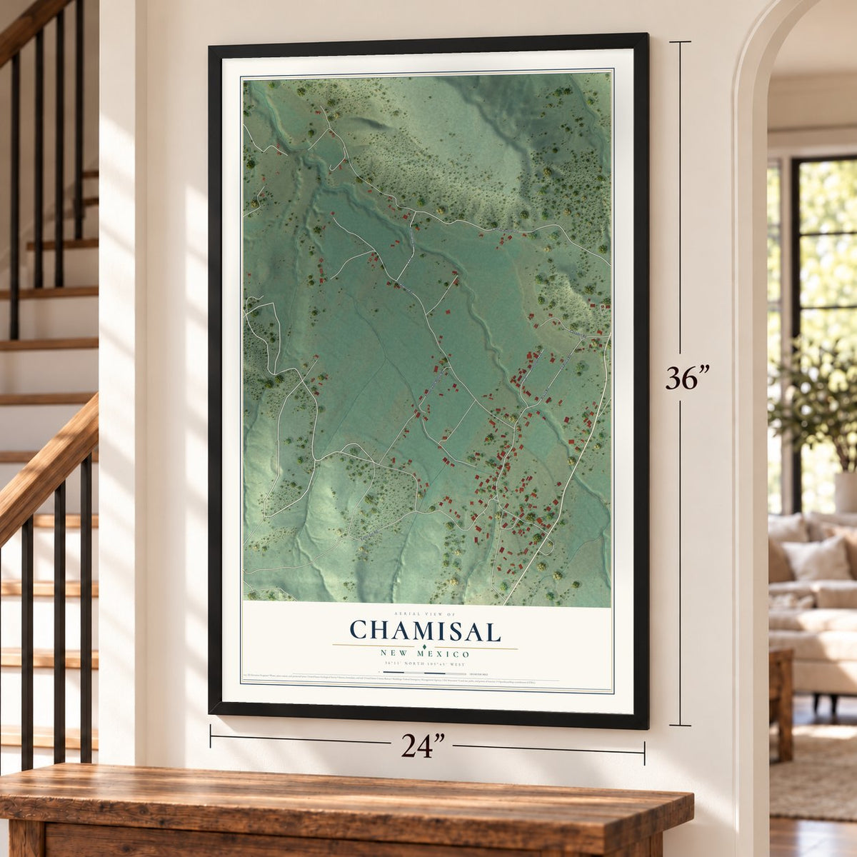 Chamisal, New Mexico map, 24 x 36 inch print in a black frame by a staircase
