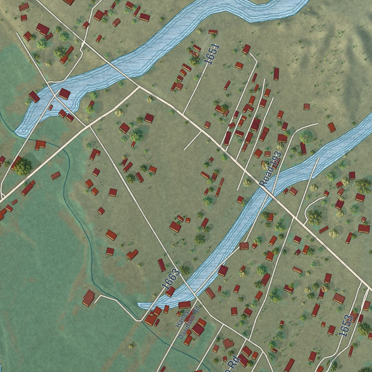 Close-up of the map of Chamita, New Mexico print showing street and building detail