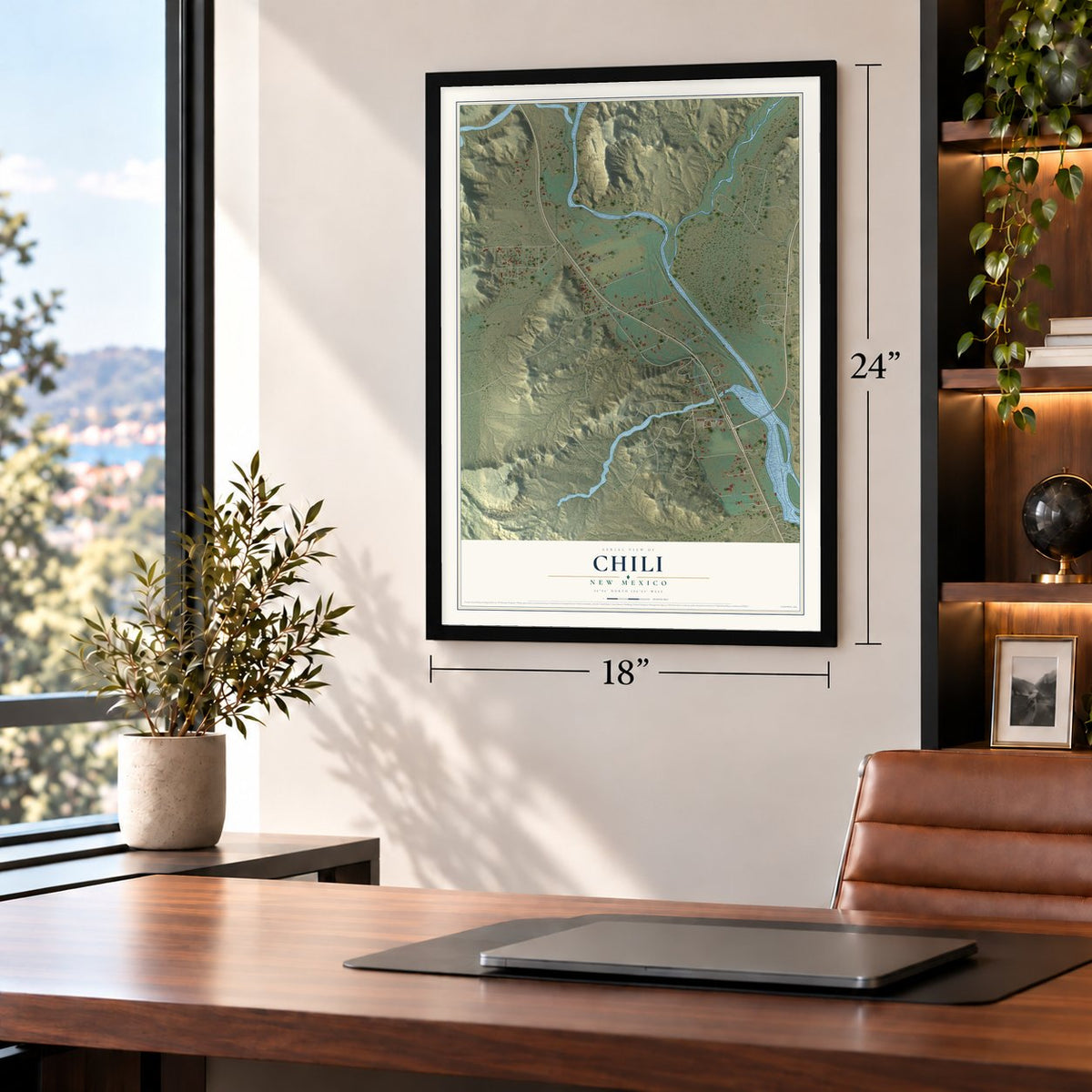Chili, New Mexico map, 18 x 24 inch print in a black frame in a home office