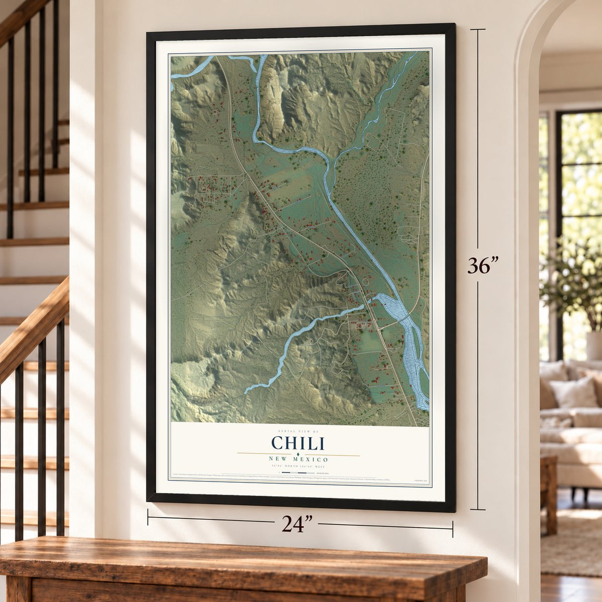 Chili, New Mexico map, 24 x 36 inch print in a black frame by a staircase