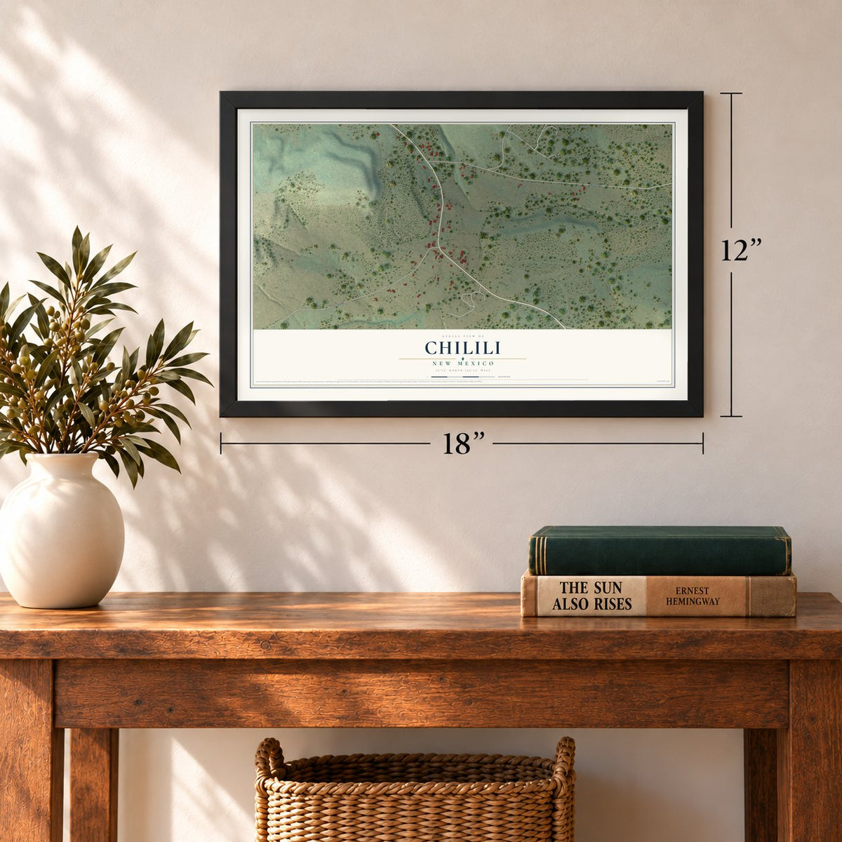 Chilili, New Mexico map, 12 x 18 inch print in a black frame in an entryway