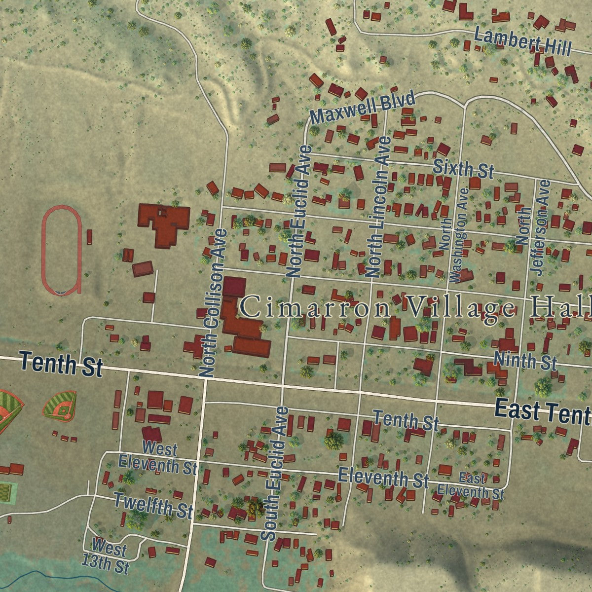 Close-up of the map of Cimarron, New Mexico print showing street and building detail