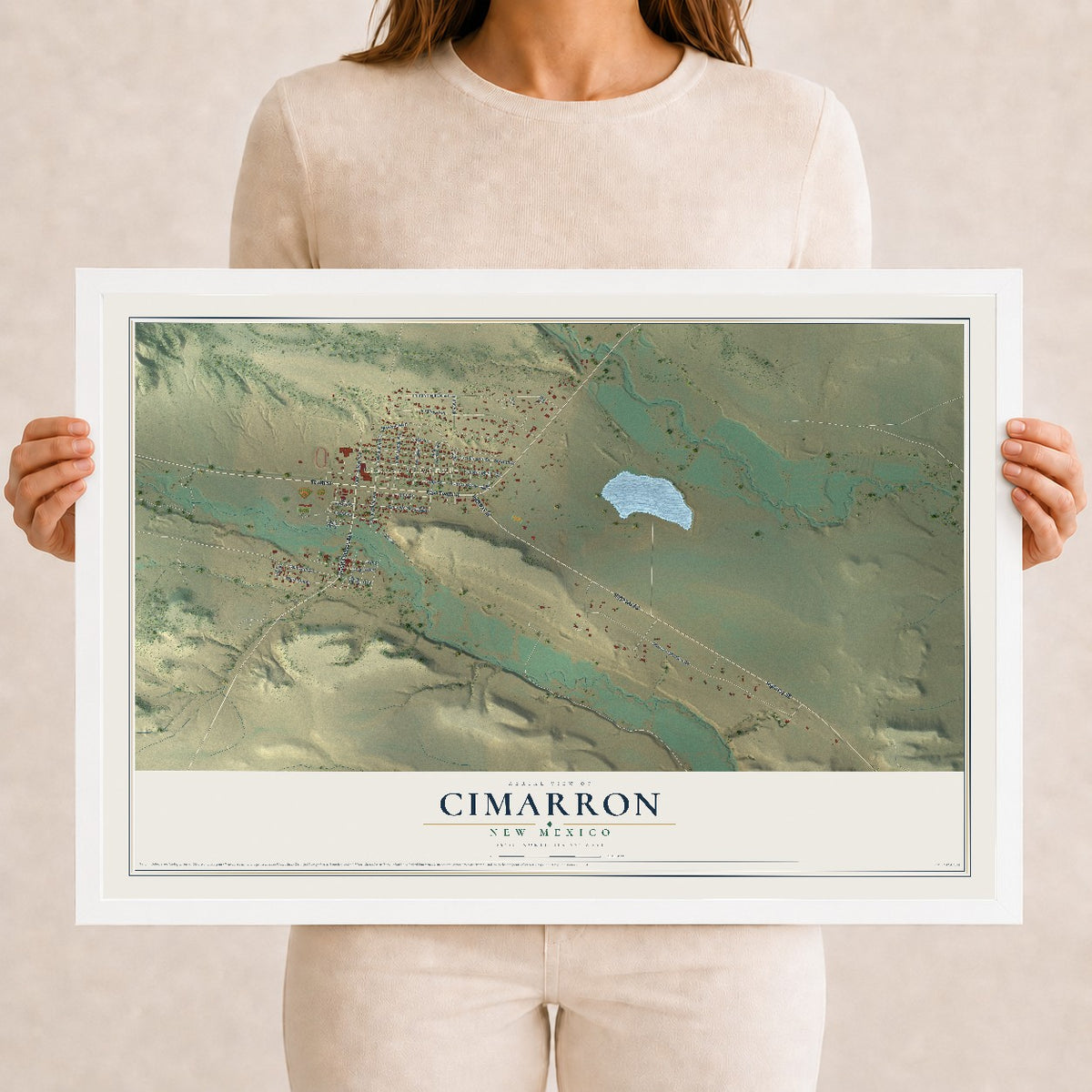 Map of Cimarron, New Mexico, 12 x 18 inch print in a white wood frame