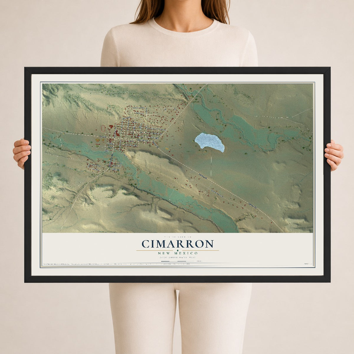 Map of Cimarron, New Mexico, 24 x 36 inch print in a black wood frame