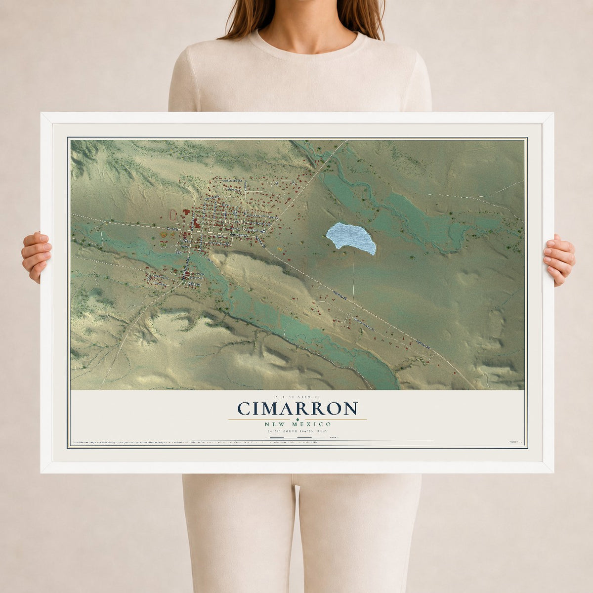 Map of Cimarron, New Mexico, 24 x 36 inch print in a white wood frame