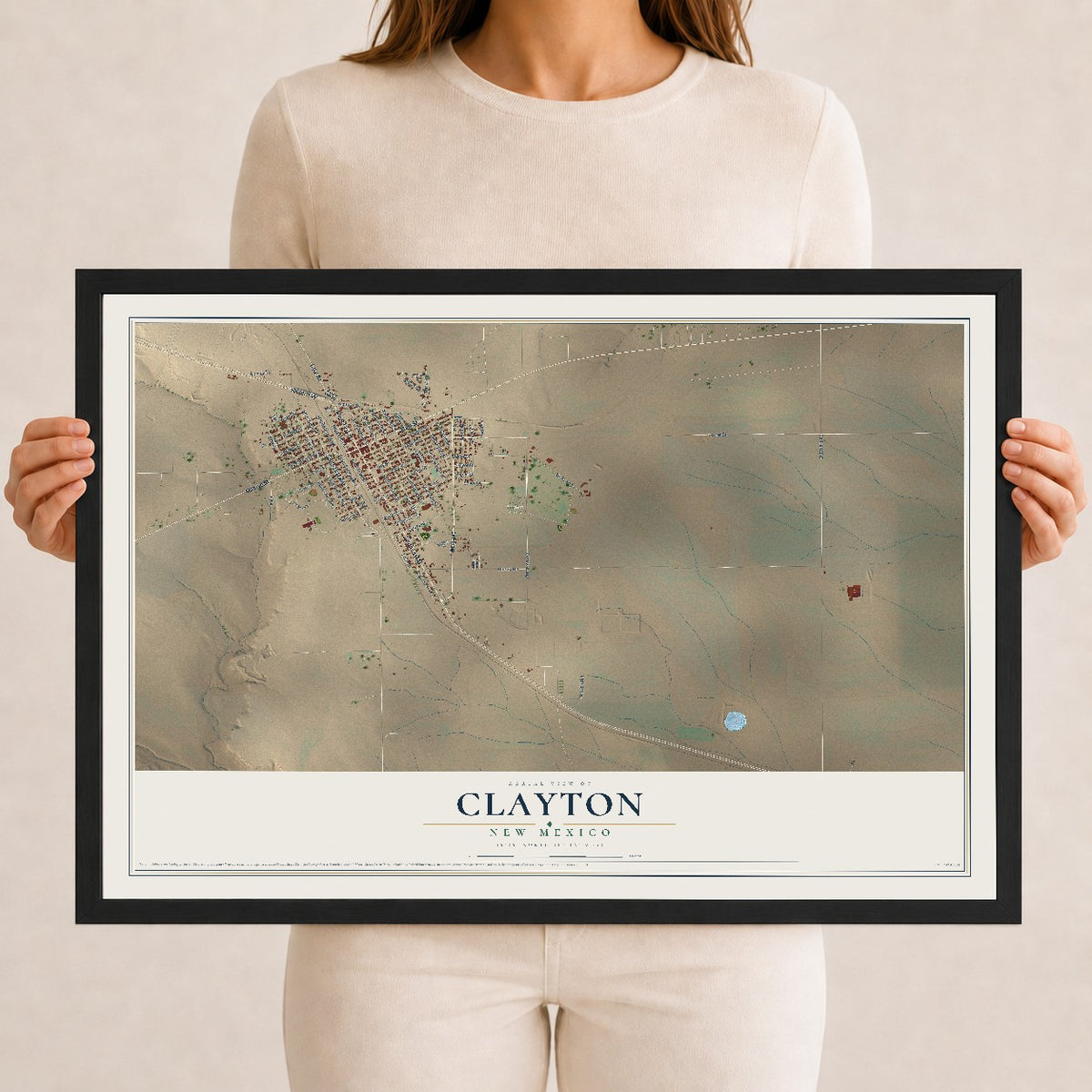 Map of Clayton, New Mexico, 12 x 18 inch print in a black wood frame