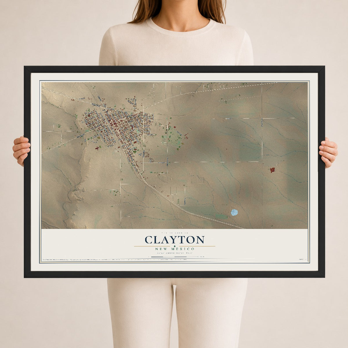 Map of Clayton, New Mexico, 24 x 36 inch print in a black wood frame
