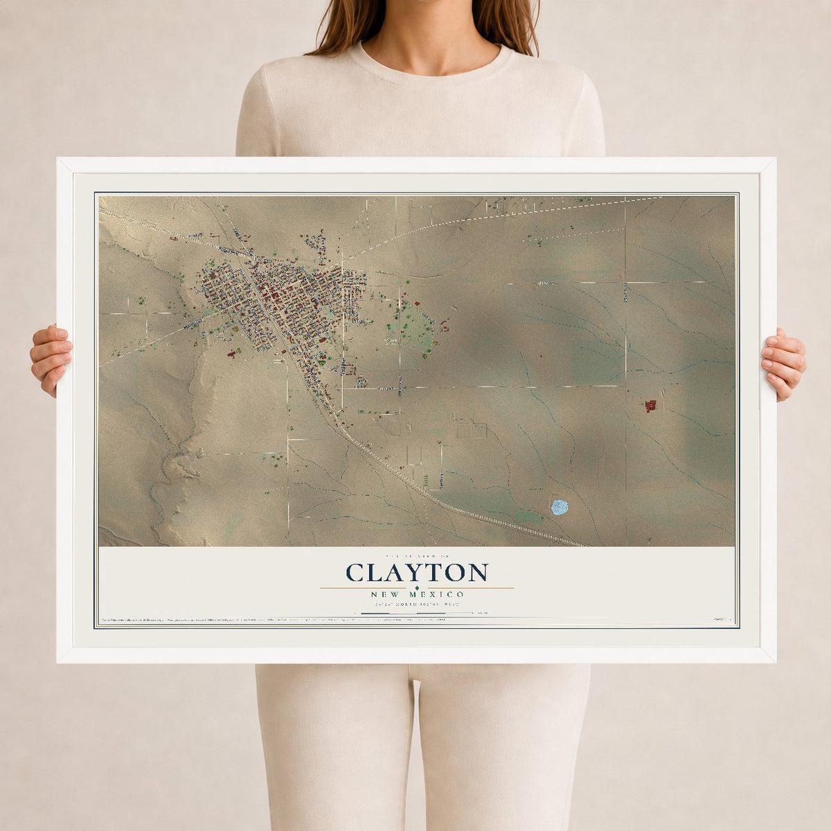 Map of Clayton, New Mexico, 24 x 36 inch print in a white wood frame