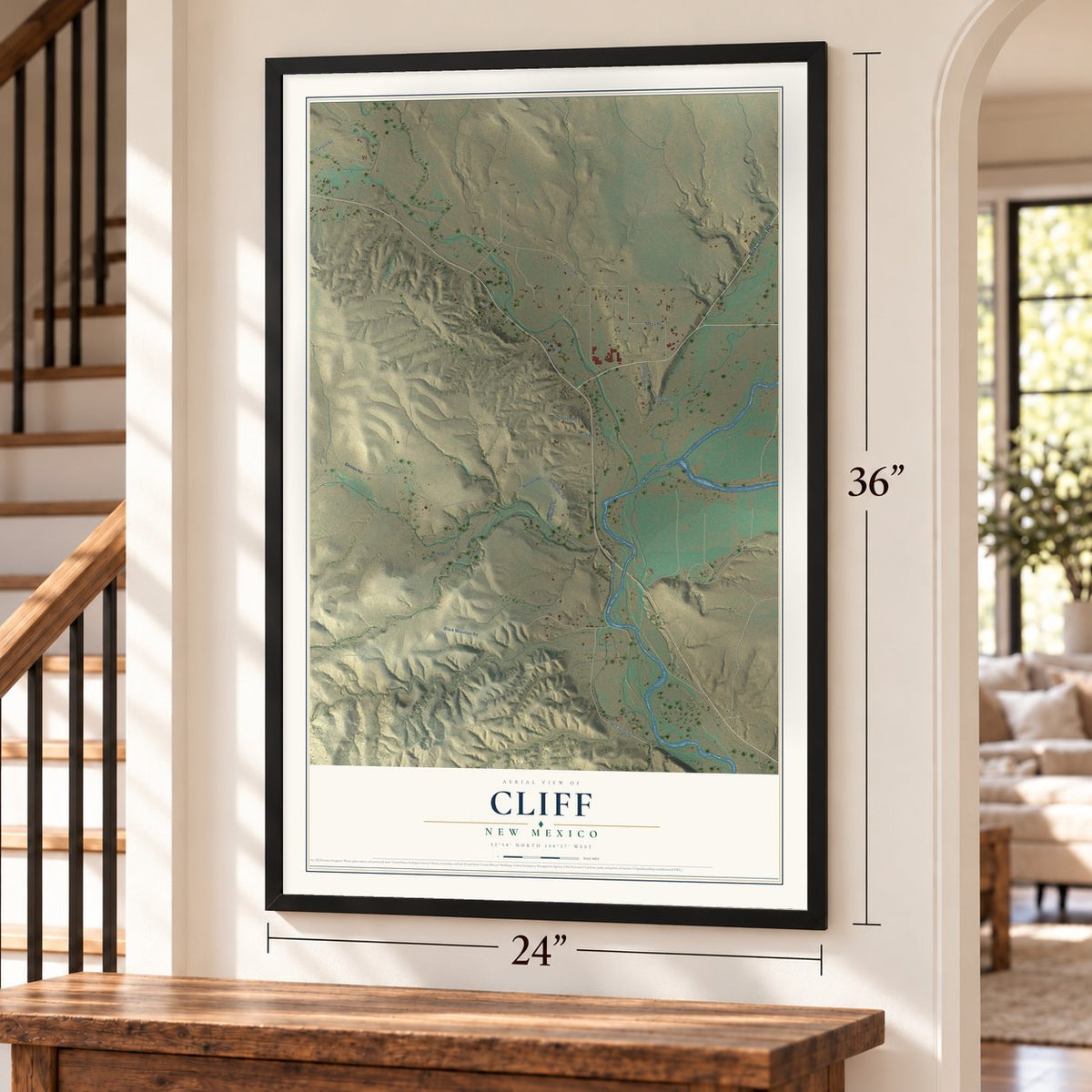 Cliff, New Mexico map, 24 x 36 inch print in a black frame by a staircase