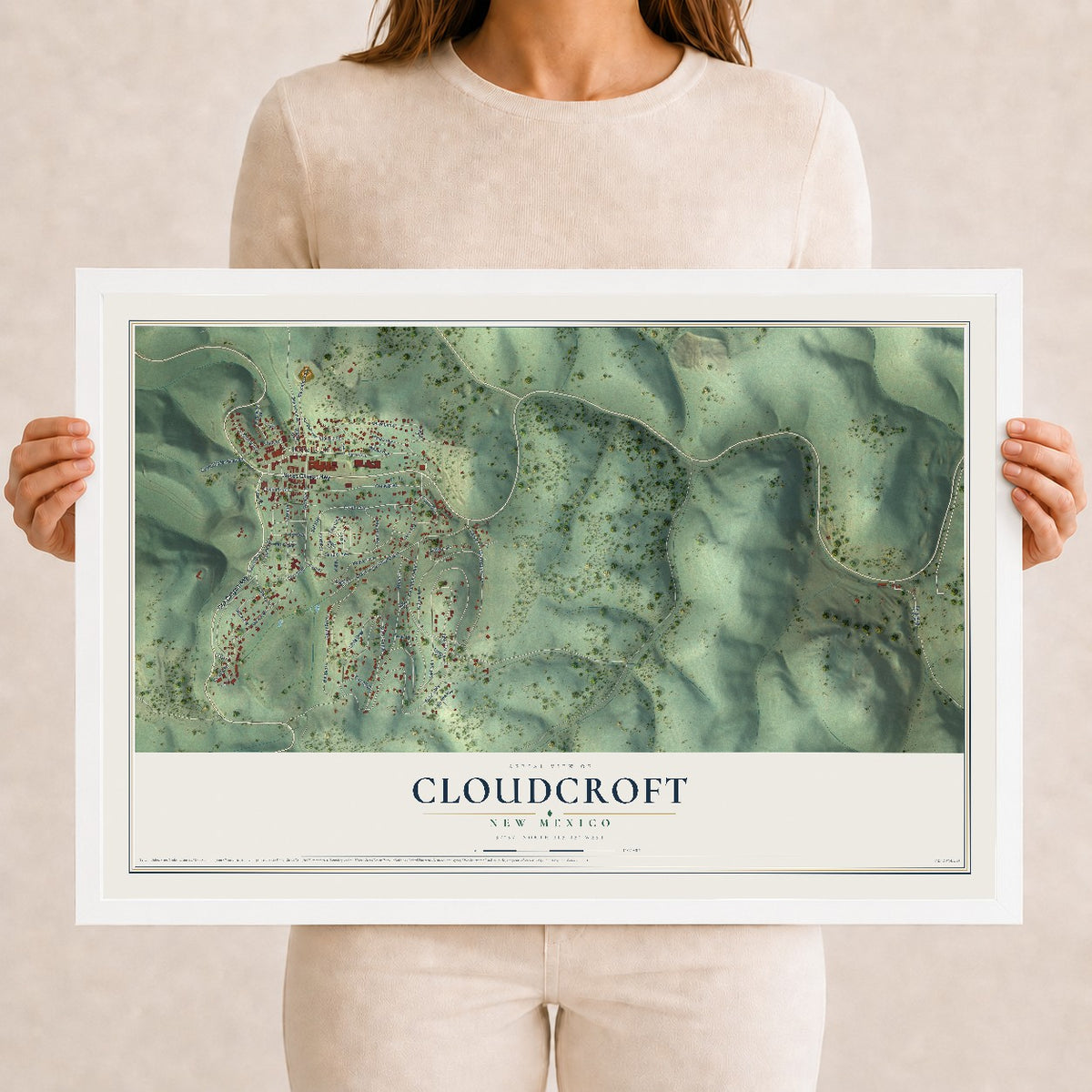 Map of Cloudcroft, New Mexico, 12 x 18 inch print in a white wood frame