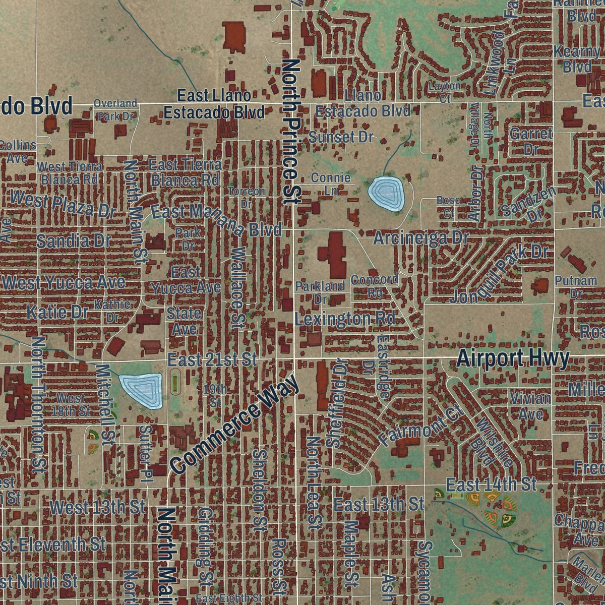 Close-up of the map of Clovis, New Mexico print showing street and building detail