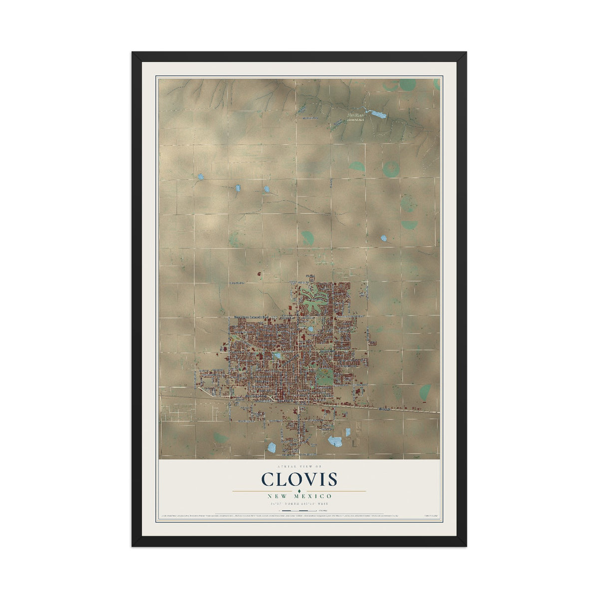 Map of Clovis, New Mexico, 12 x 18 inch print in a black wood frame