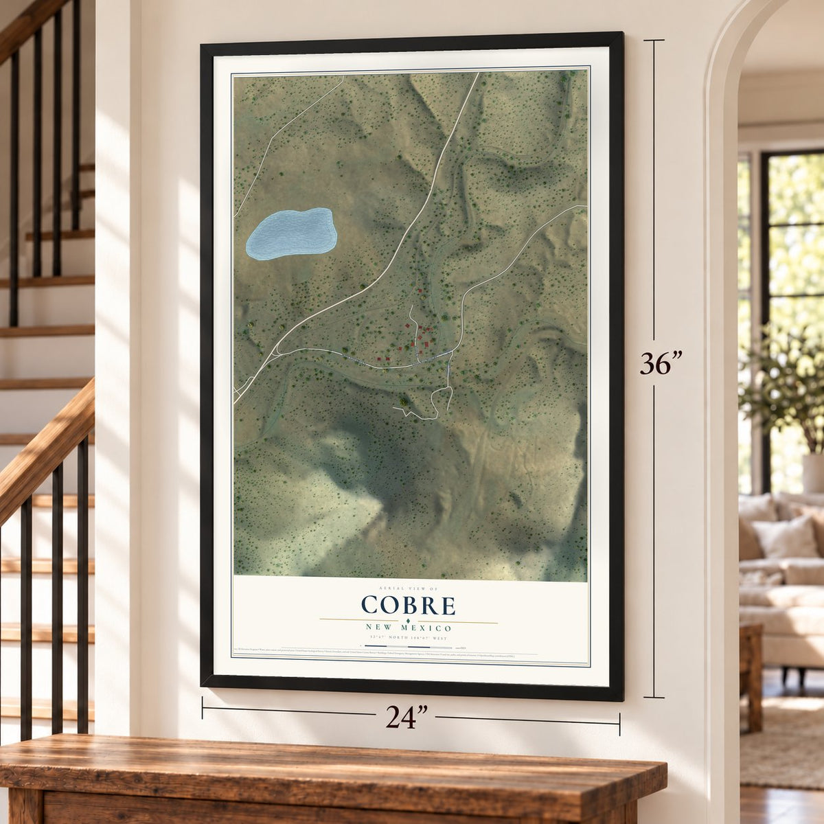 Cobre, New Mexico map, 24 x 36 inch print in a black frame by a staircase