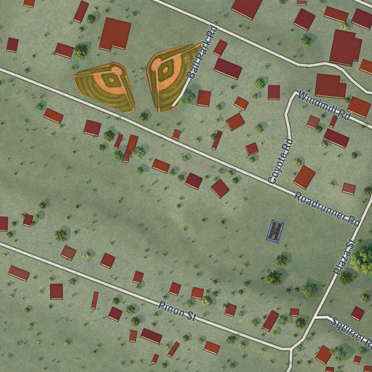 Close-up of the map of Cochiti, New Mexico print showing street and building detail