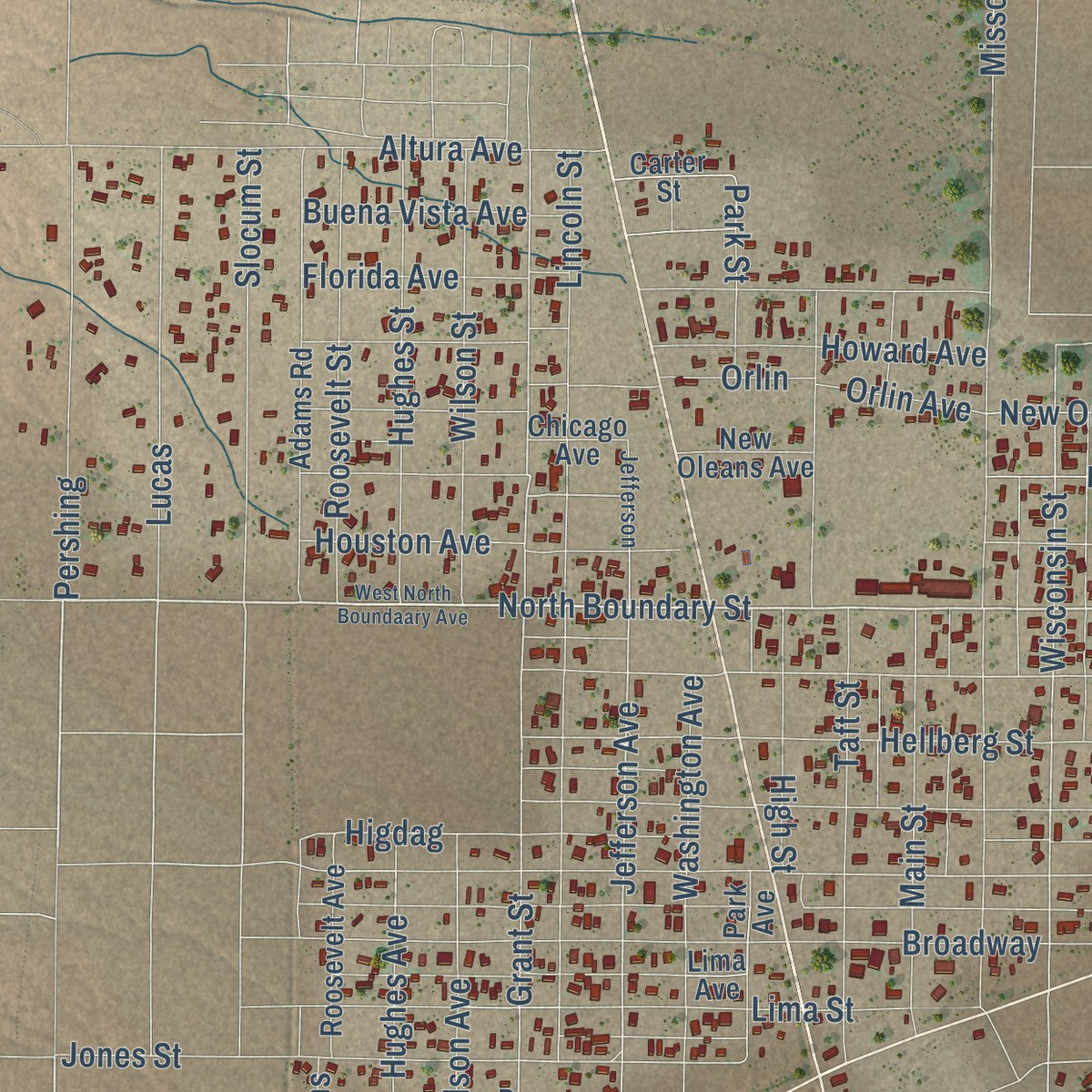 Close-up of the map of Columbus, New Mexico print showing street and building detail