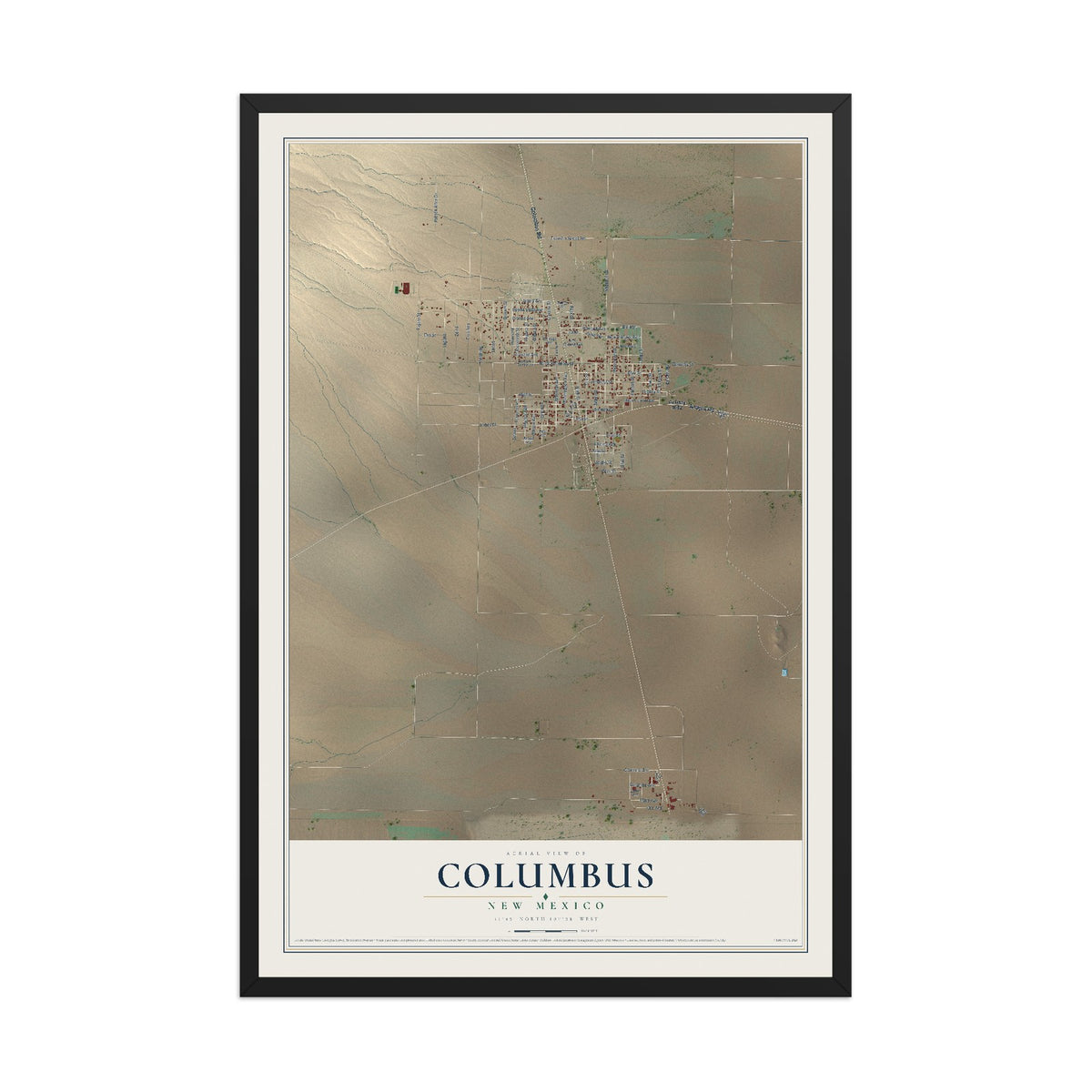 Map of Columbus, New Mexico, 12 x 18 inch print in a black wood frame