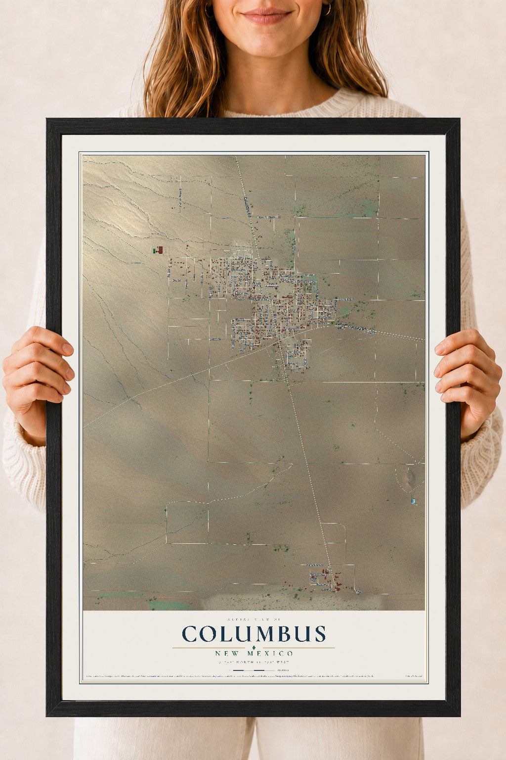 Map of Columbus, New Mexico, 18 x 24 inch print in a black wood frame