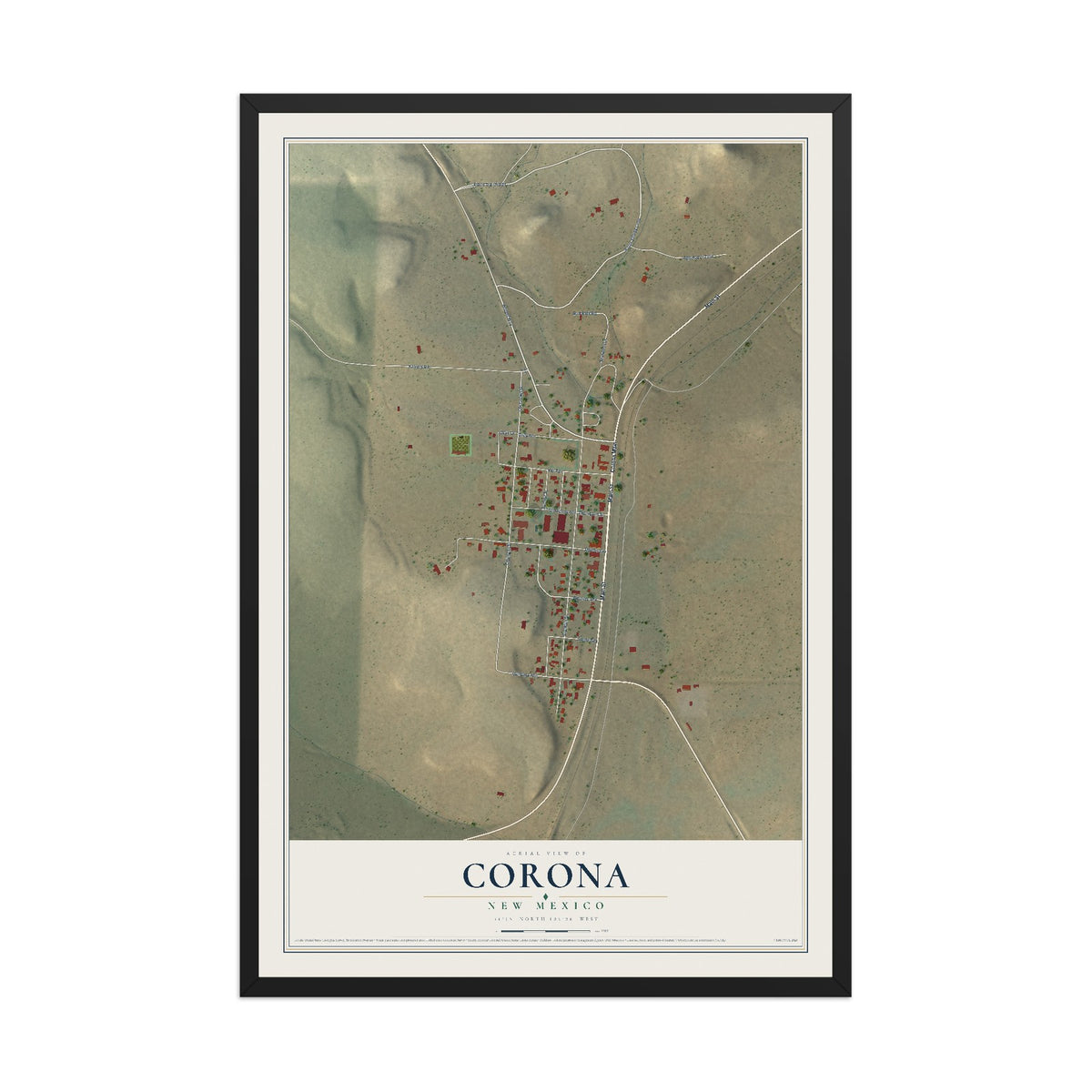 Map of Corona, New Mexico, 12 x 18 inch print in a black wood frame