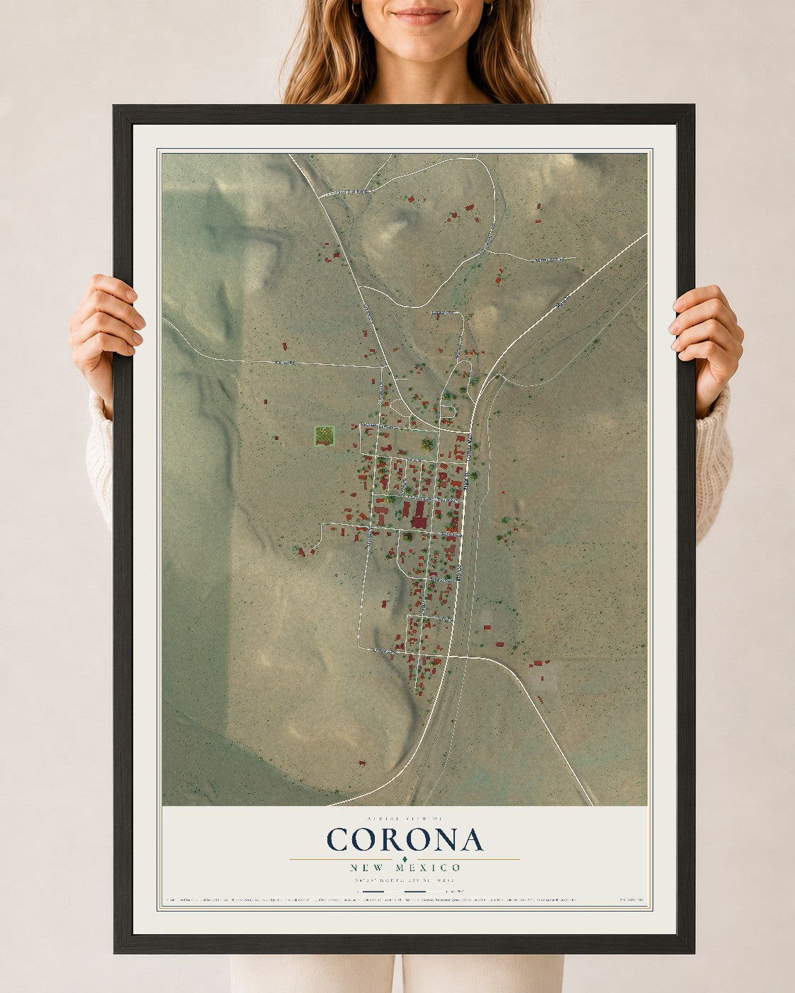 Map of Corona, New Mexico, 24 x 36 inch print in a black wood frame