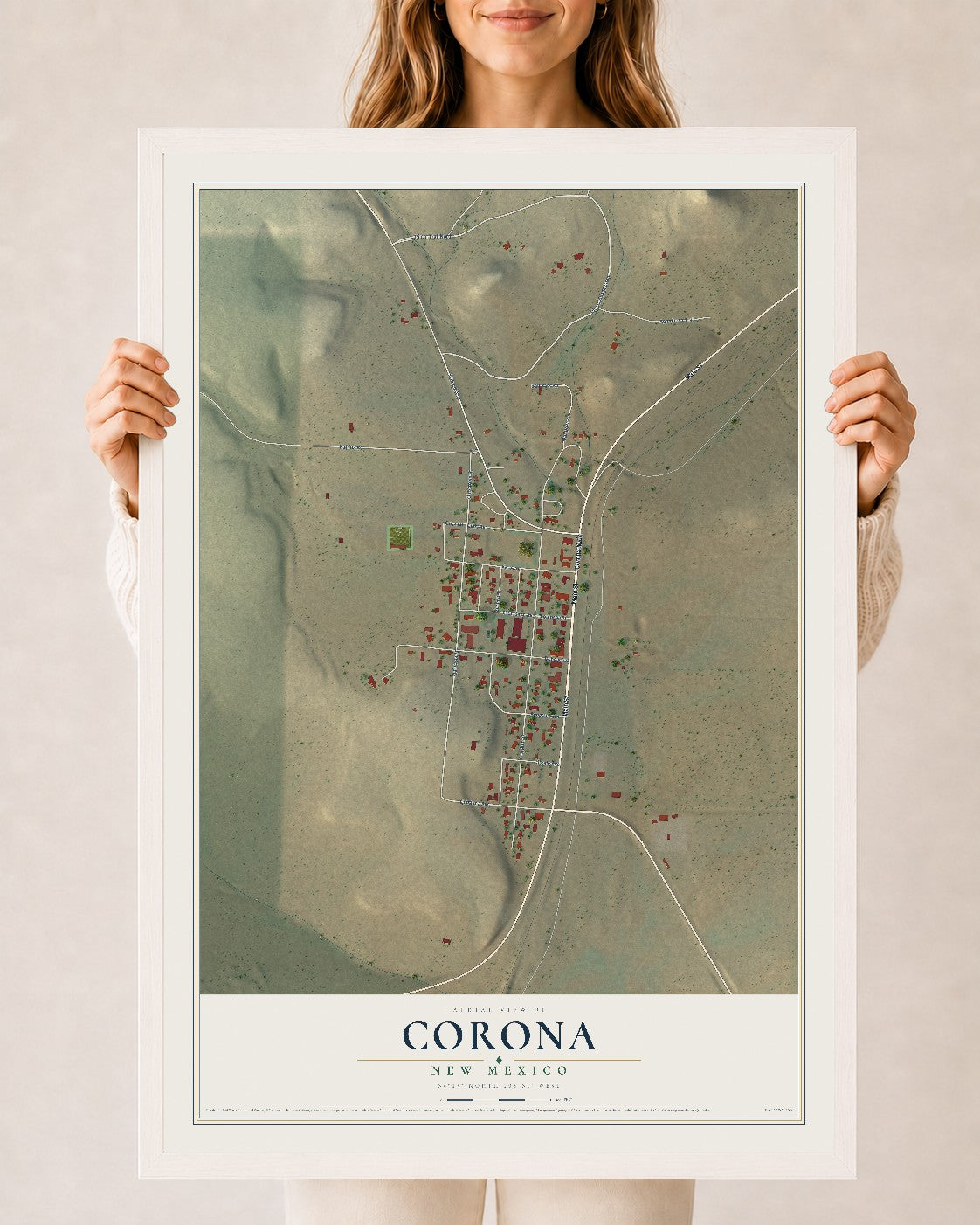 Map of Corona, New Mexico, 24 x 36 inch print in a white wood frame