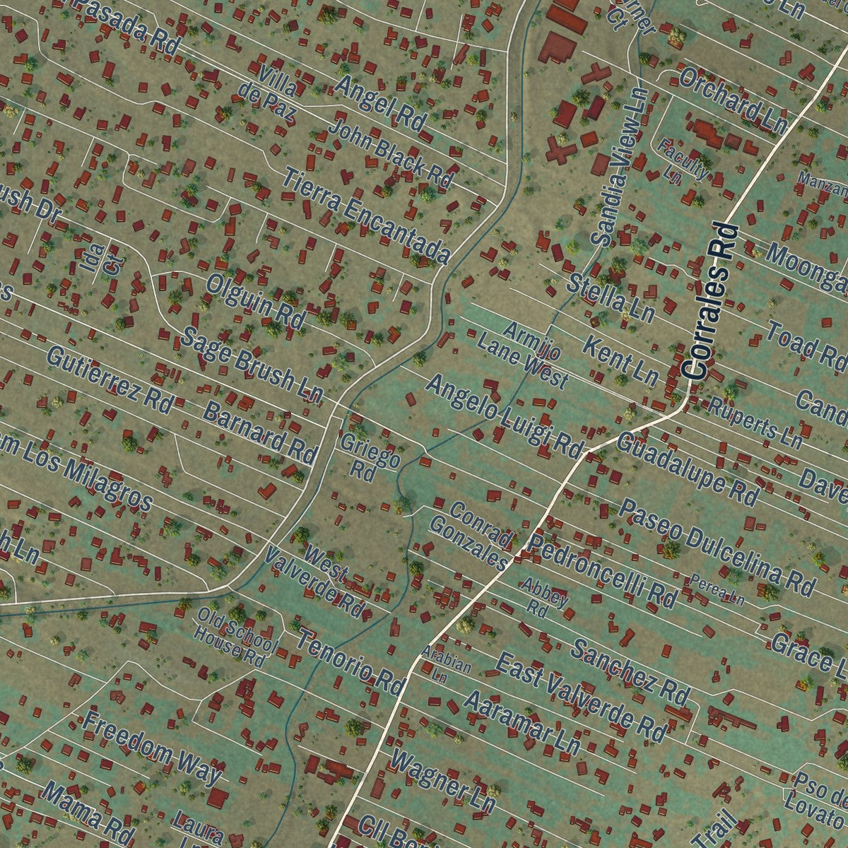 Close-up of the map of Corrales, New Mexico print showing street and building detail