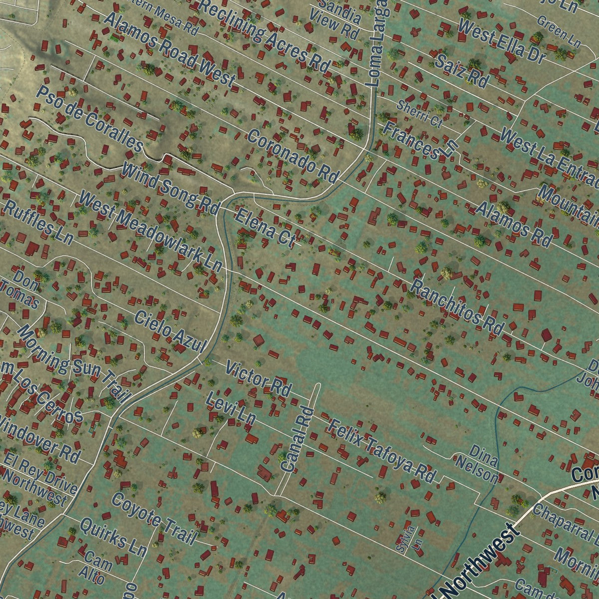 Second close-up of the map of Corrales, New Mexico print showing more streets and buildings