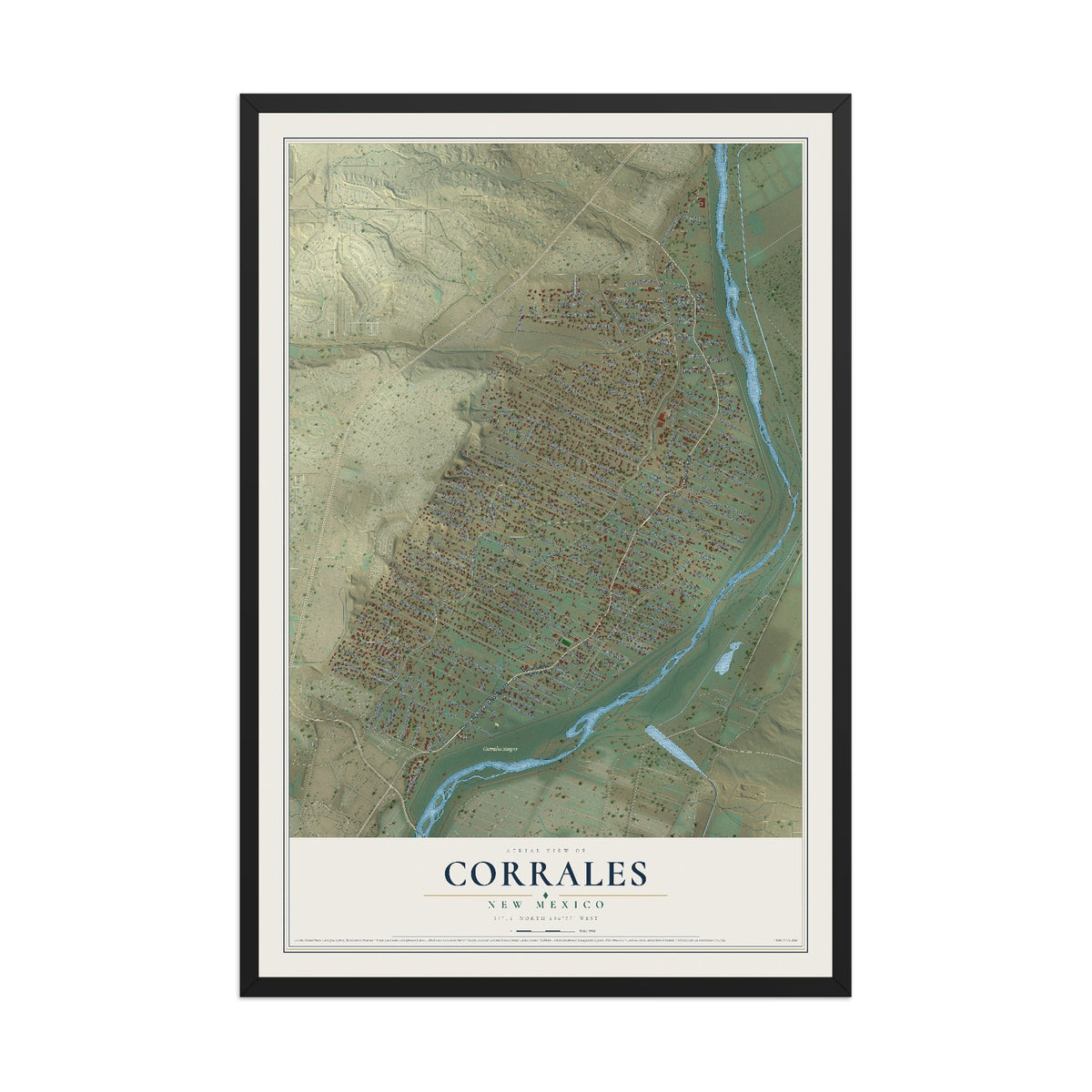 Map of Corrales, New Mexico, 12 x 18 inch print in a black wood frame