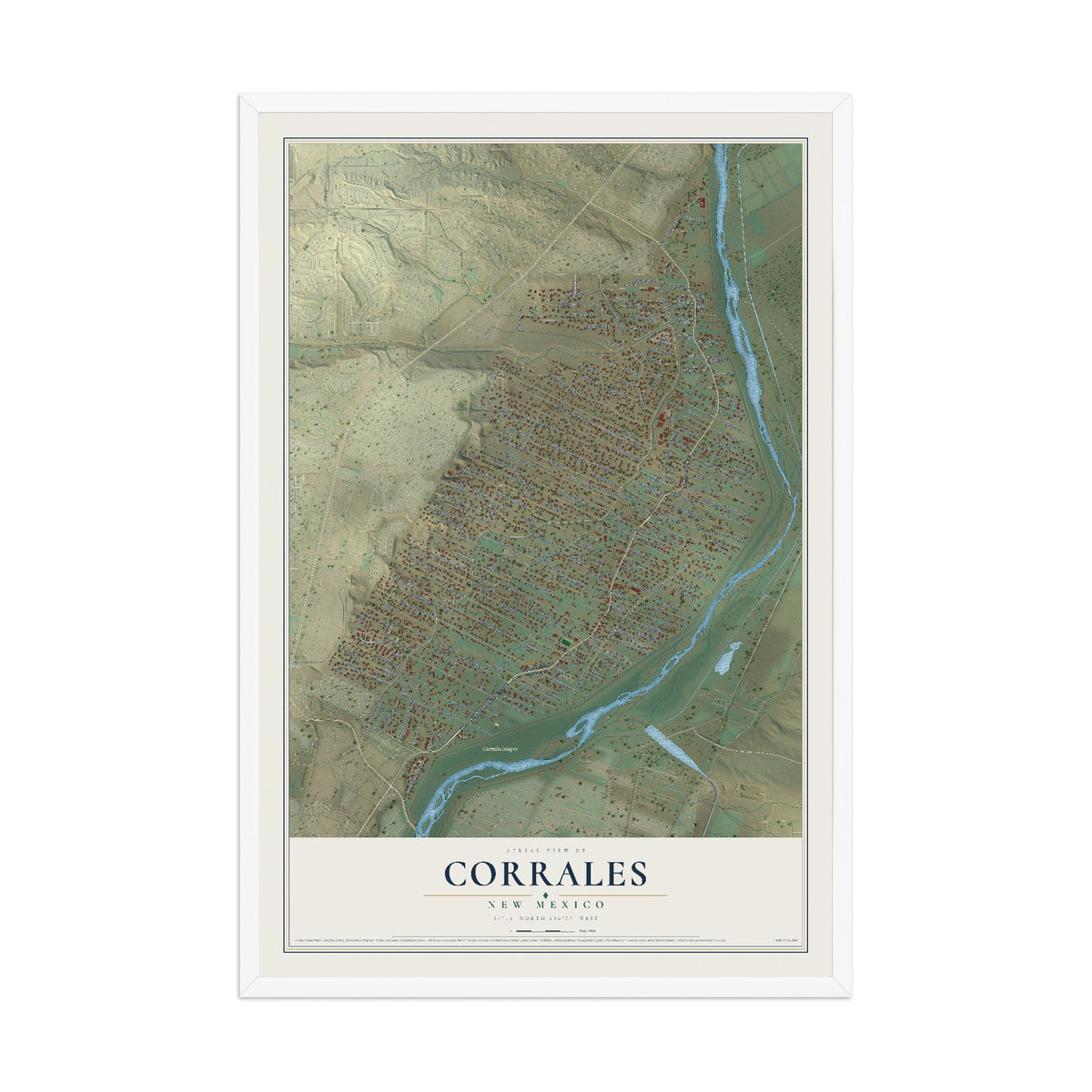 Map of Corrales, New Mexico, 12 x 18 inch print in a white wood frame