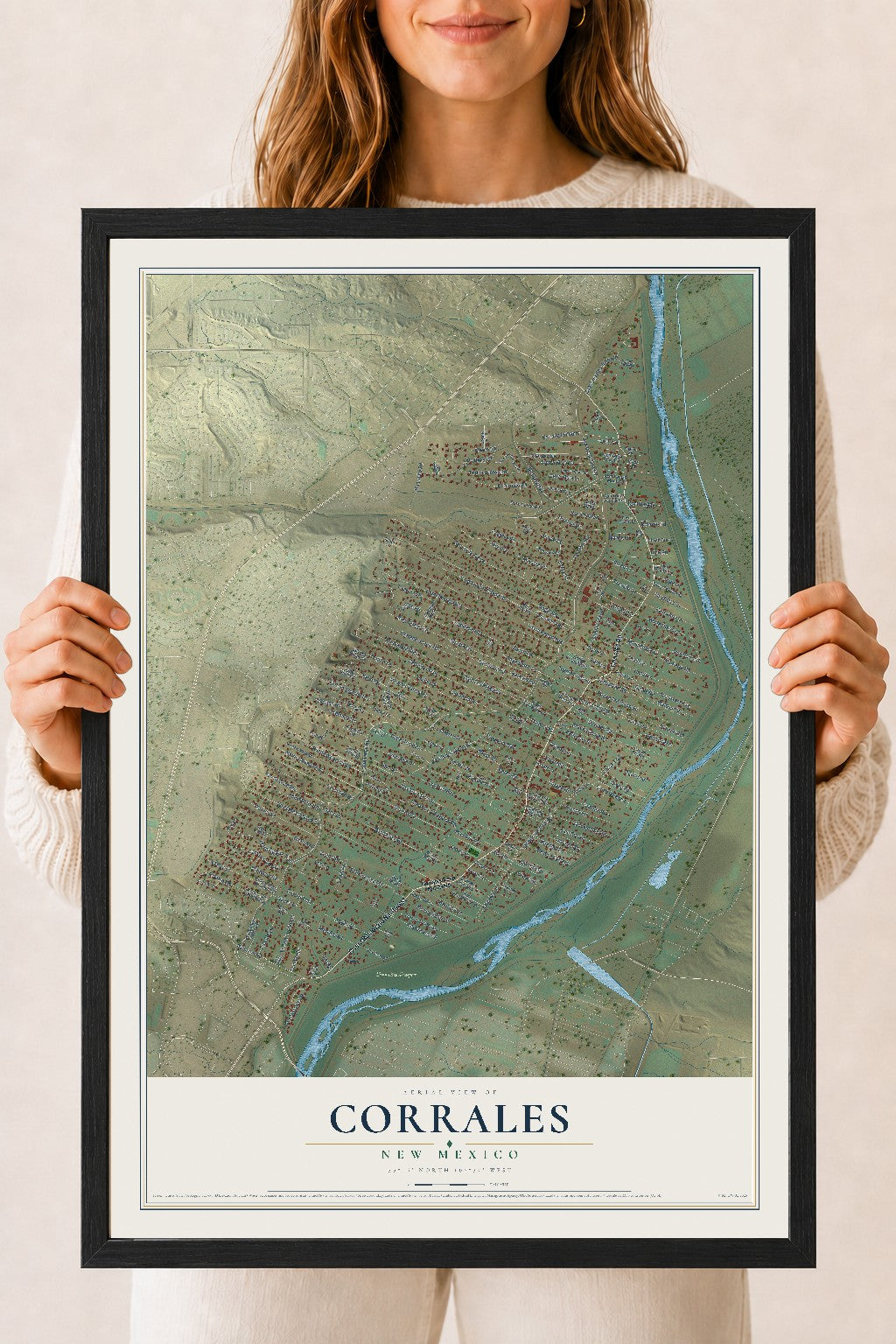 Map of Corrales, New Mexico, 18 x 24 inch print in a black wood frame