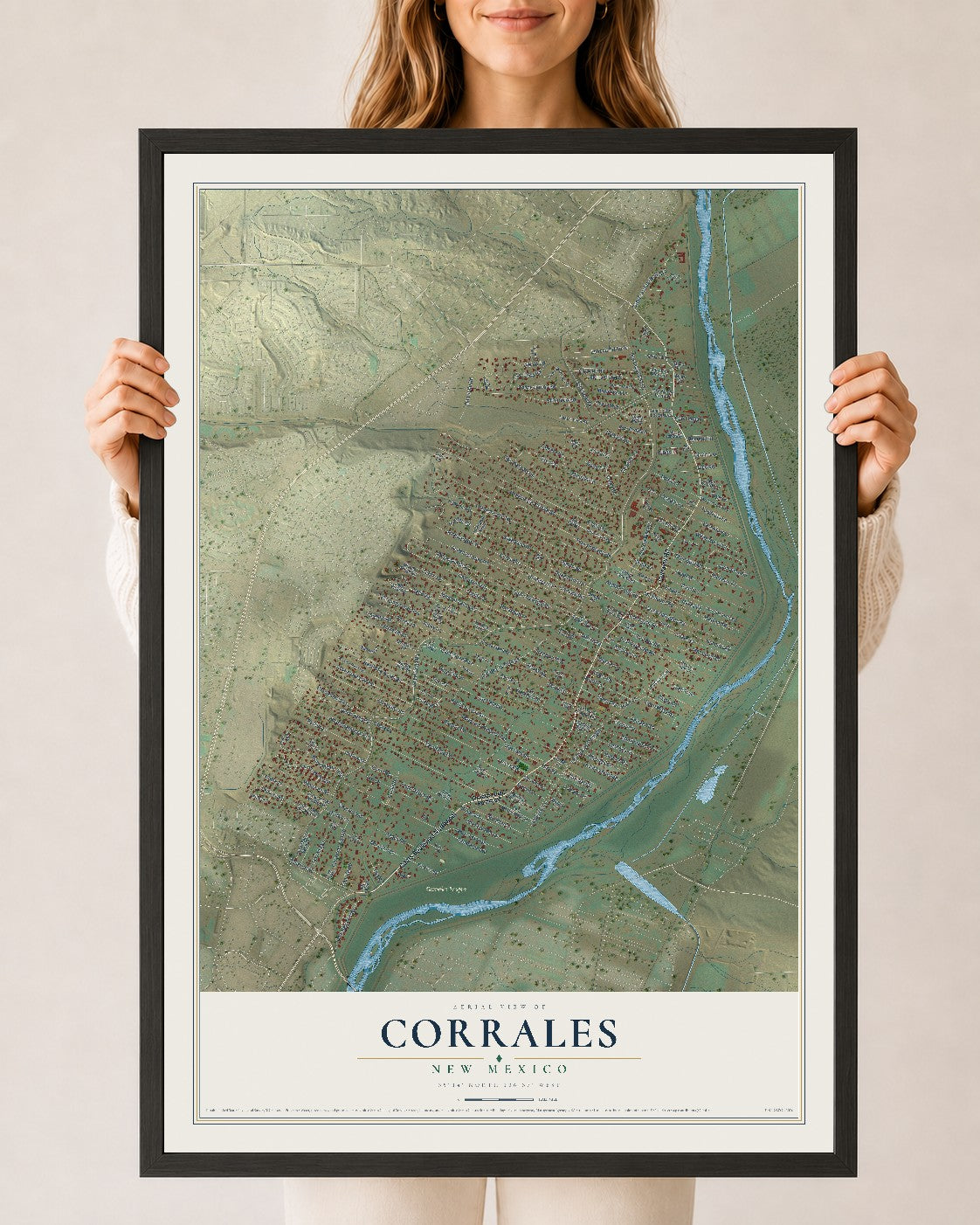 Map of Corrales, New Mexico, 24 x 36 inch print in a black wood frame