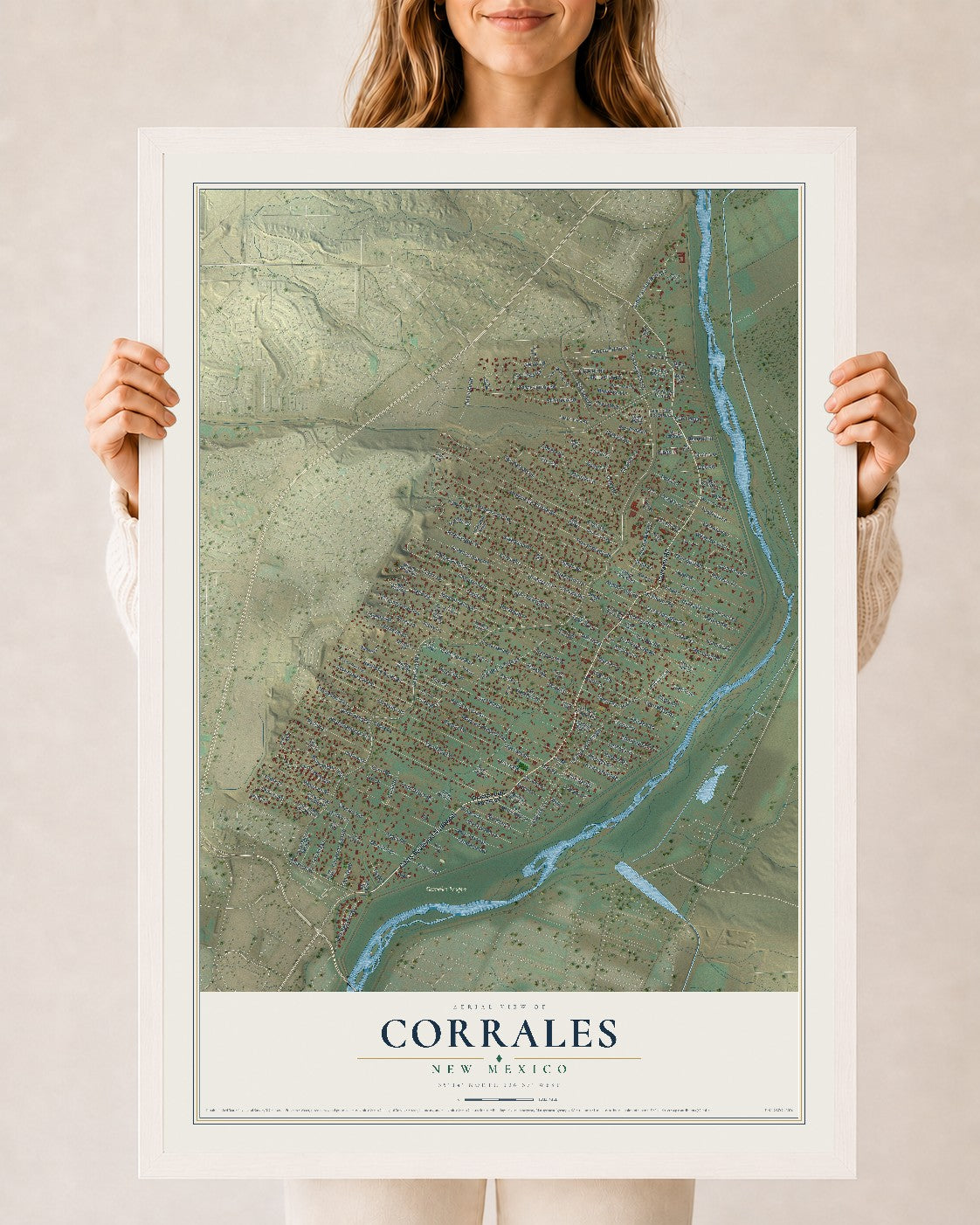 Map of Corrales, New Mexico, 24 x 36 inch print in a white wood frame
