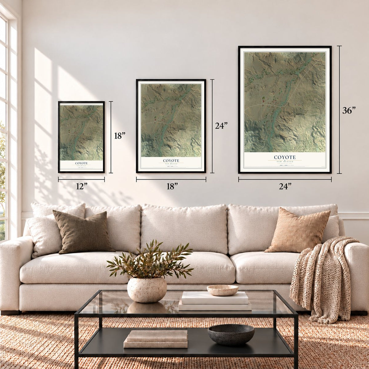 Coyote, New Mexico map in 12 x 18, 18 x 24 and 24 x 36 inch sizes above a sofa