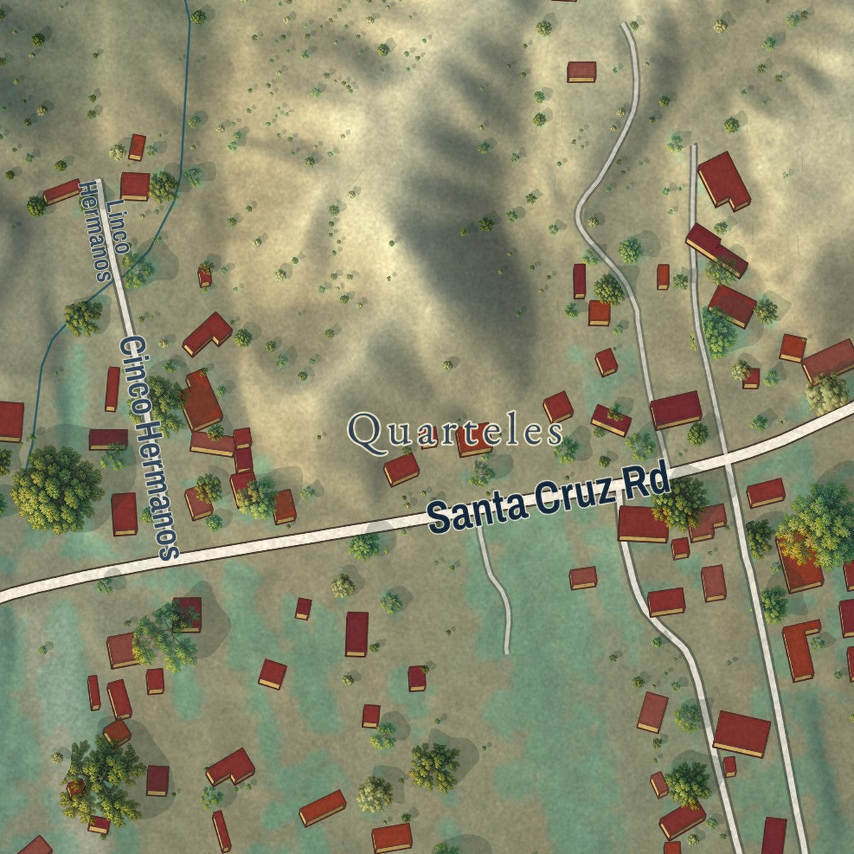 Close-up of the map of Cuartelez, New Mexico print showing street and building detail