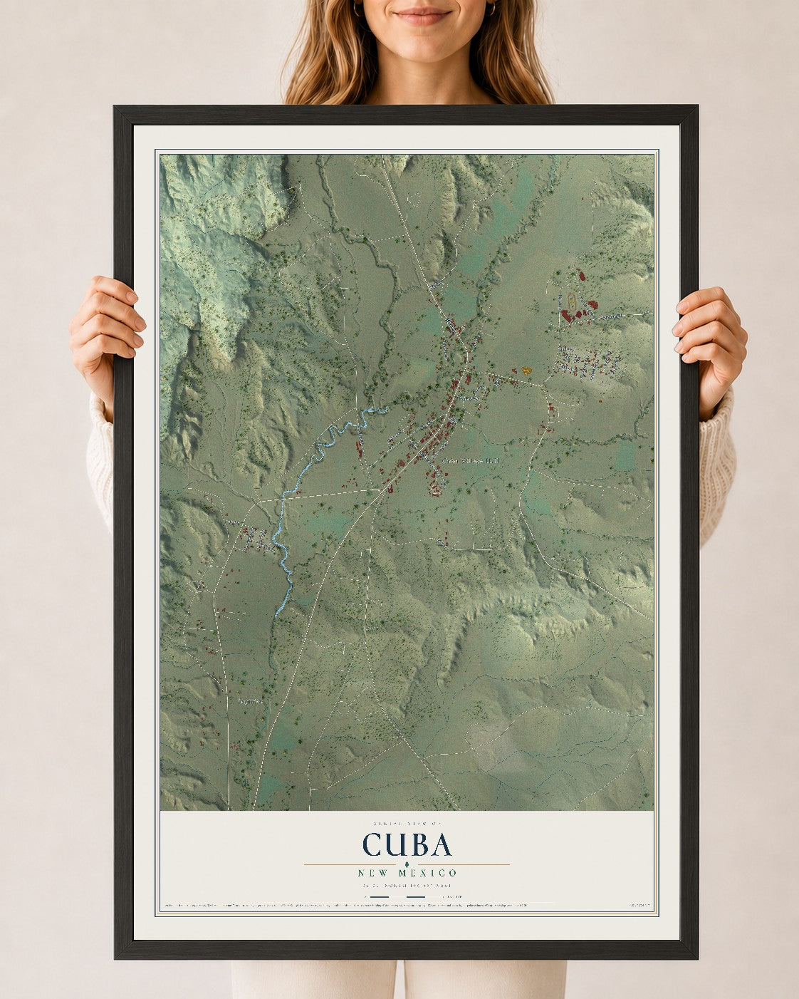 Map of Cuba, New Mexico, 24 x 36 inch print in a black wood frame