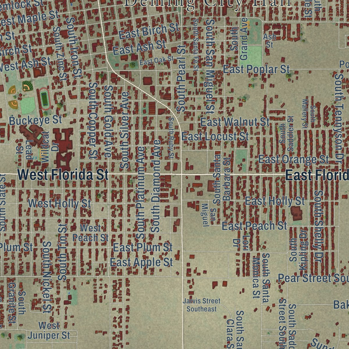 Close-up of the map of Deming, New Mexico print showing street and building detail