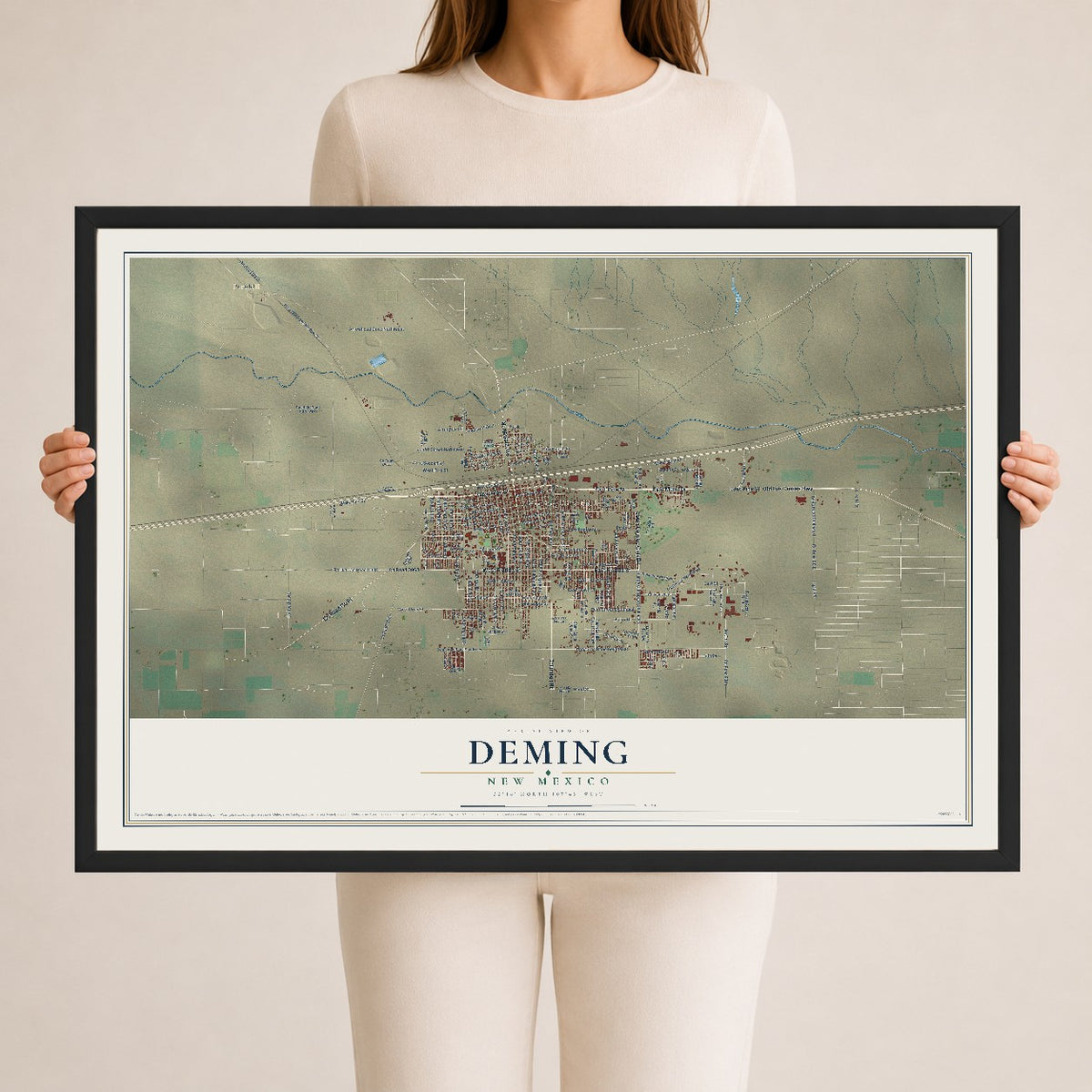 Map of Deming, New Mexico, 24 x 36 inch print in a black wood frame