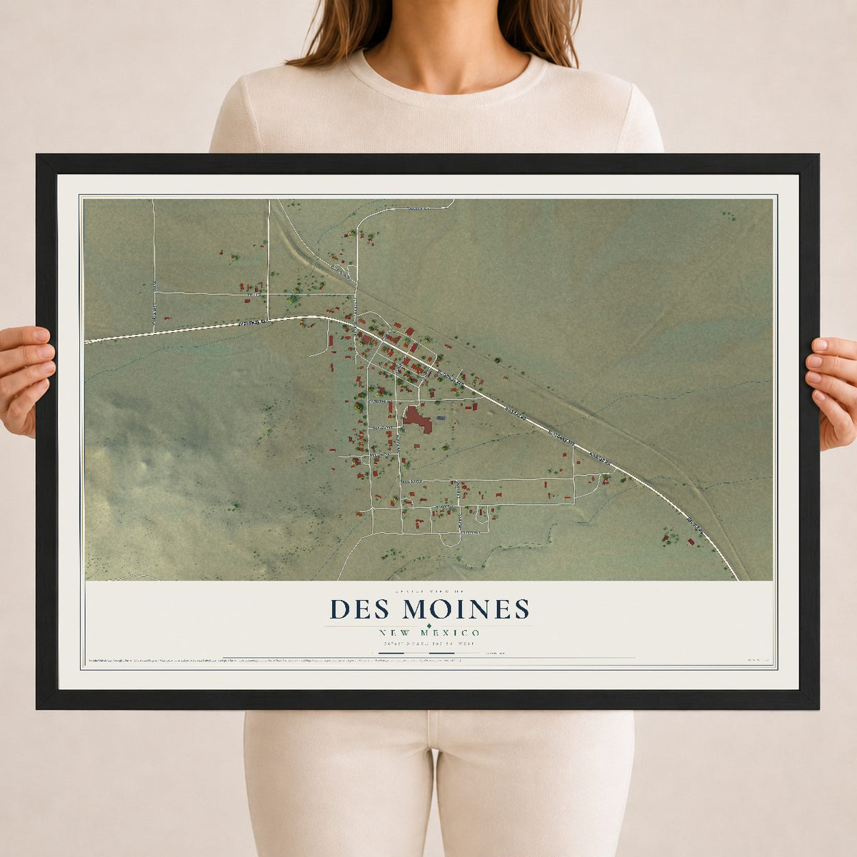 Map of Des Moines, New Mexico, 18 x 24 inch print in a black wood frame