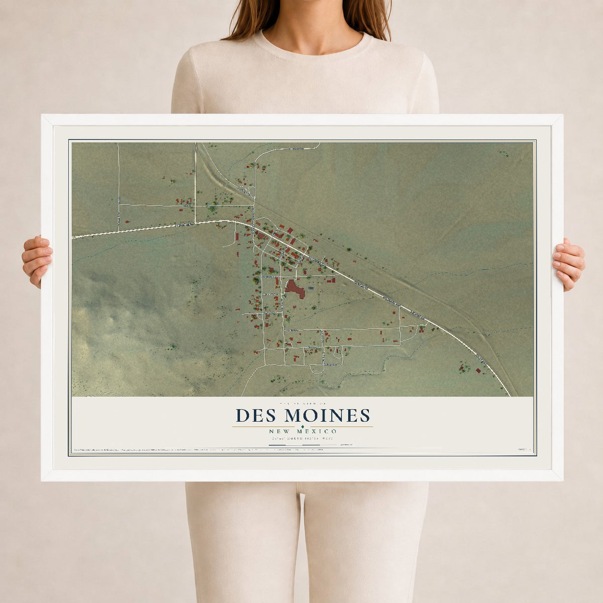 Map of Des Moines, New Mexico, 24 x 36 inch print in a white wood frame