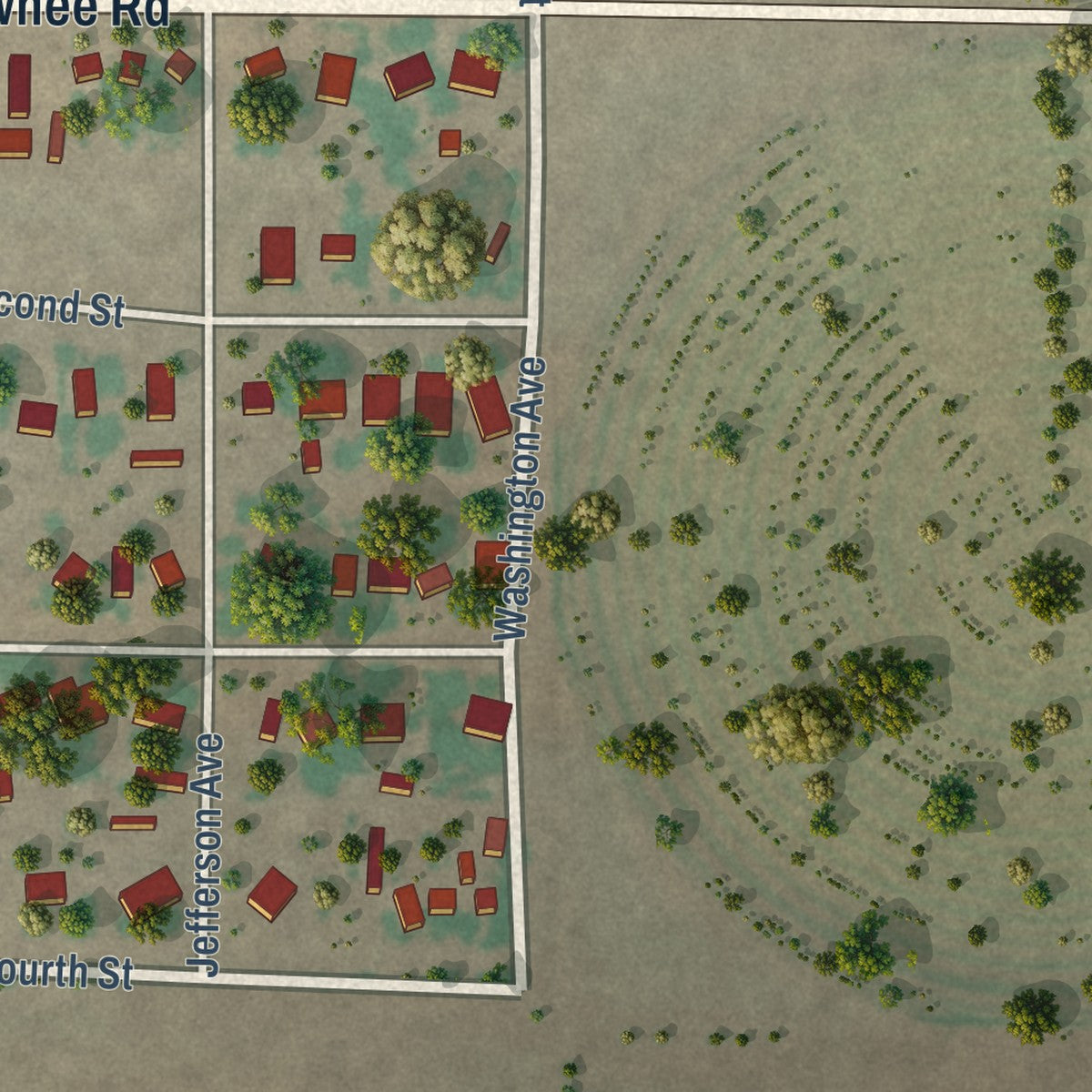 Second close-up of the map of Dexter, New Mexico print showing more streets and buildings