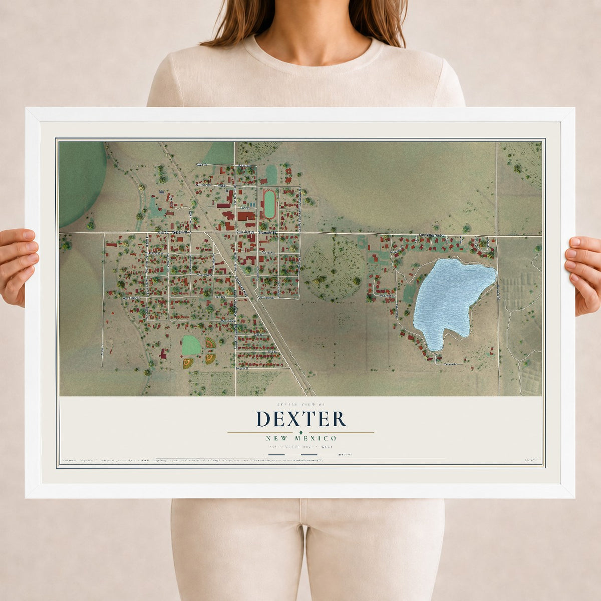 Map of Dexter, New Mexico, 18 x 24 inch print in a white wood frame