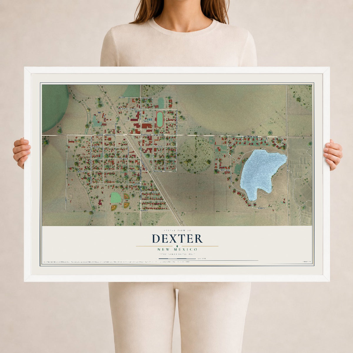 Map of Dexter, New Mexico, 24 x 36 inch print in a white wood frame