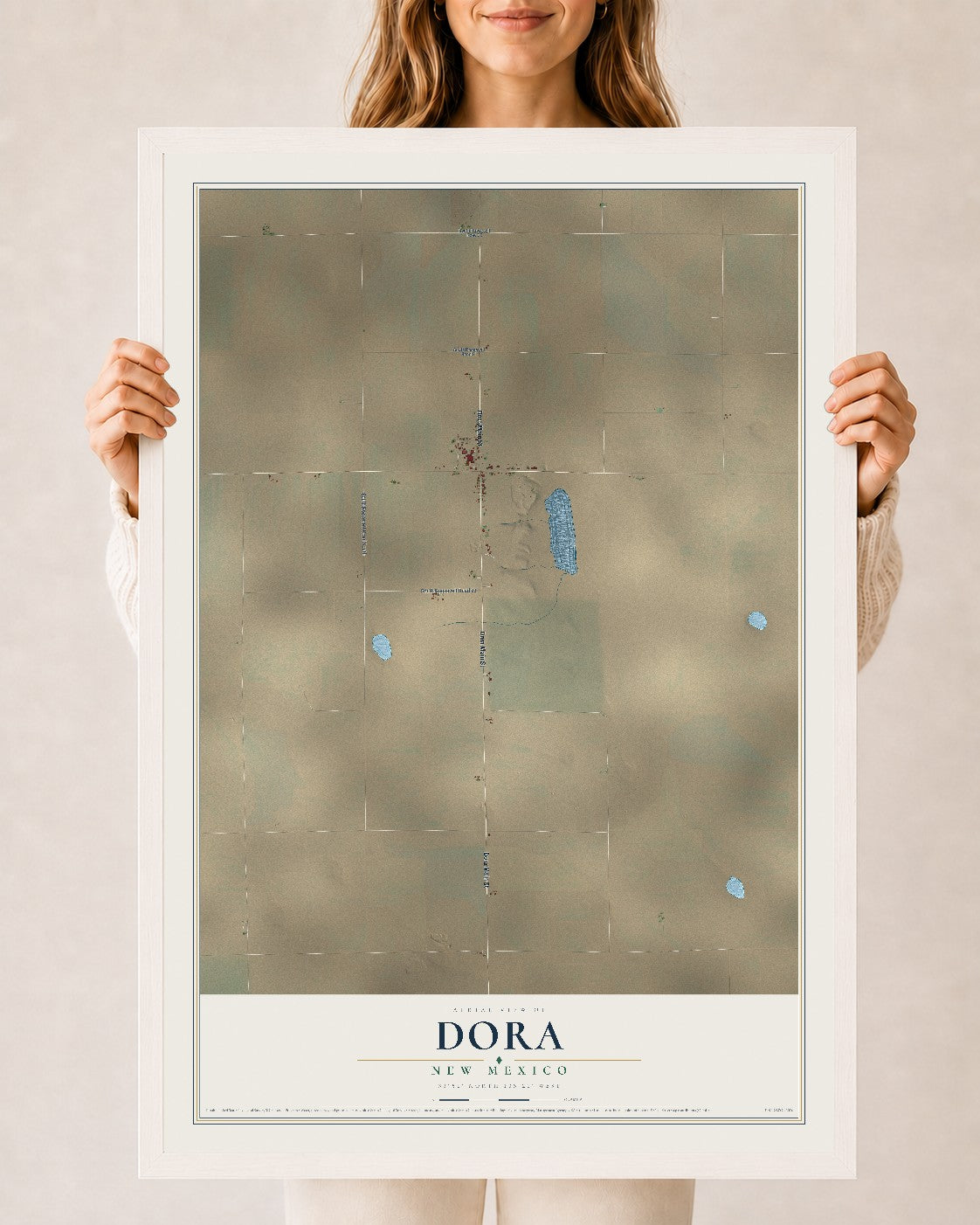 Map of Dora, New Mexico, 24 x 36 inch print in a white wood frame