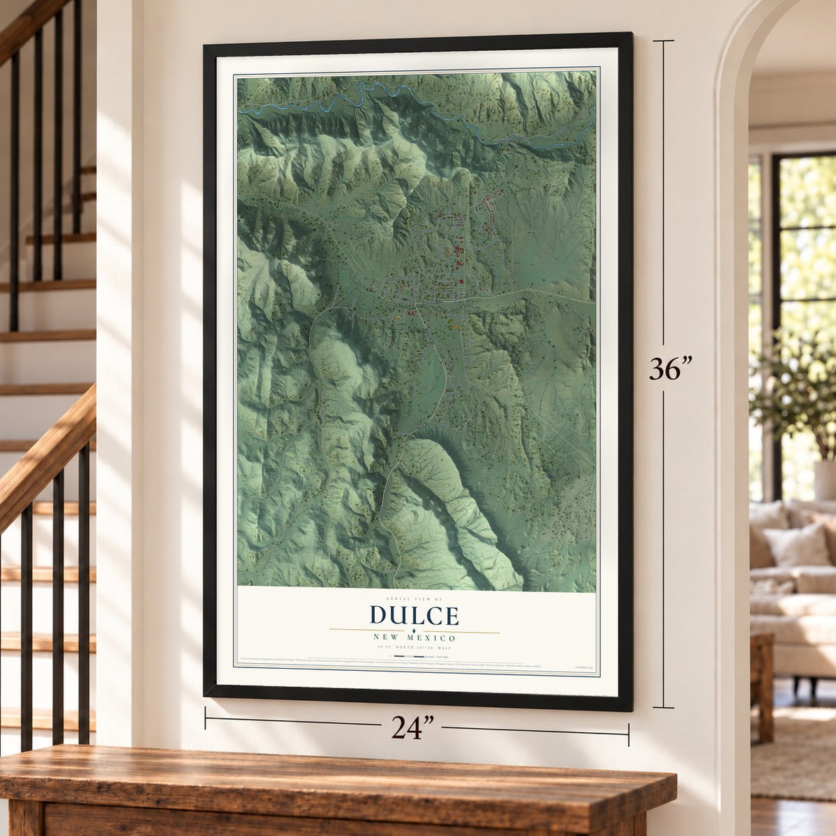 Dulce, New Mexico map, 24 x 36 inch print in a black frame by a staircase