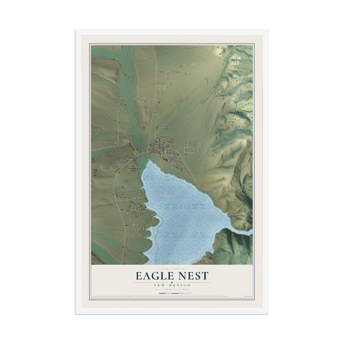 Map of Eagle Nest, New Mexico, 12 x 18 inch print in a white wood frame