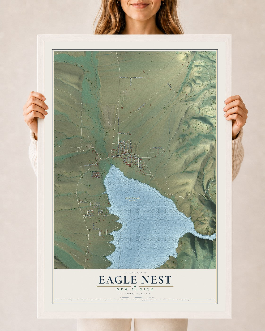 Map of Eagle Nest, New Mexico, 24 x 36 inch print in a white wood frame