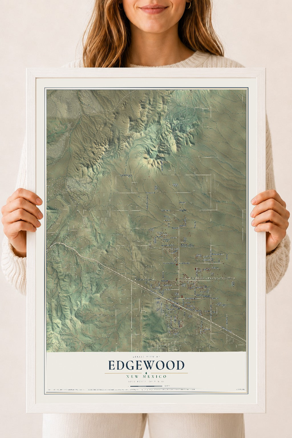 Map of Edgewood, New Mexico, 18 x 24 inch print in a white wood frame
