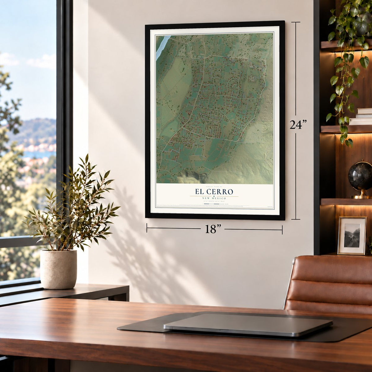 El Cerro, New Mexico map, 18 x 24 inch print in a black frame in a home office